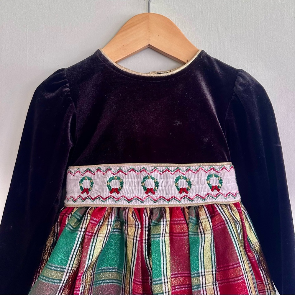 🎄BONNIE JEAN Toddler Christmas Velvet Plaid Embroidered Holiday Dress - Picture 2 of 6